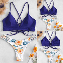 Load image into Gallery viewer, Solid Color Top Floral Bottom Bikini Cut Flowers Two Piece Swimsuit Push up Swimwear Beachwear swimming suit