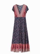 Load image into Gallery viewer, Jastie Vintage Floral Print Maxi Dress Summer Short Sleeve V-Neck Wrap Dresses Casual Beach Long Dress Boho Chic Women Vestidos