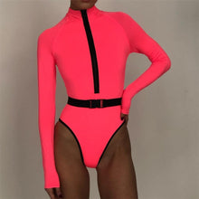 Load image into Gallery viewer, Long Sleeve Rash Guard Women Solid One Piece Swimsuit Fluorescent Green Swimwear Zipper Surfing Suit Belt Bath Suit UV Protect
