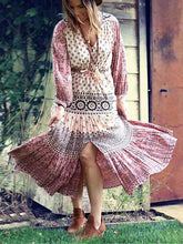 Load image into Gallery viewer, Pink Printed Wavy Ribbon Hollow Big Skirt Holiday Dress