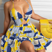 Load image into Gallery viewer, Summer cutout strappy v-neck waist halter print suspender dress