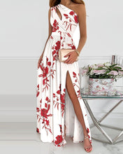 Load image into Gallery viewer, Women's diagonal shoulder hollowed out temperament printed stitched dress
