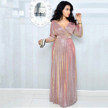 Load image into Gallery viewer, Women's Fashion Long Sleeve Foil Gold Pleated Pleated Skirt with Belt Glitter Fabric