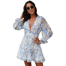 Load image into Gallery viewer, Dress open back chiffon waist sexy high waist long sleeve floral skirt women