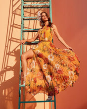 Load image into Gallery viewer, Hanging neck bare back broken flowers pleated big swing chiffon dress sleeveless dress