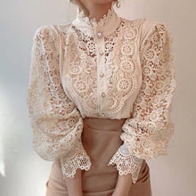 Load image into Gallery viewer, French Loose Chic Button Heavy Lace Cutout Flower Panel Long Sleeve Stand Collar Shirt