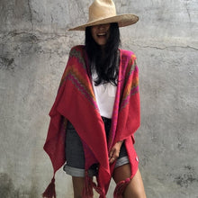 Load image into Gallery viewer, Striped sweater shawl sleeveless knit cape over women's thick blanket coat