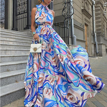 Load image into Gallery viewer, French dress chiffon halter type blue high-waist temperament printed dress