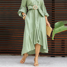 Load image into Gallery viewer, Green dress dress fashion casual Vneck lapel long dress