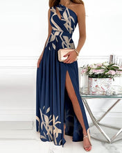 Load image into Gallery viewer, Women's diagonal shoulder hollowed out temperament printed stitched dress