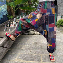 Load image into Gallery viewer, Ethnic style summer men's and women's same large crotch pants cotton and linen printed casual lantern trousers