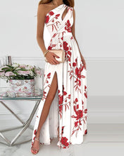 Load image into Gallery viewer, Women's diagonal shoulder hollowed out temperament printed stitched dress