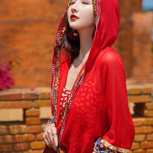 Load image into Gallery viewer, Ethnic style sunscreen cardigan women's thin desert hooded jacket embroidered retro chiffon beach blouse loose outside