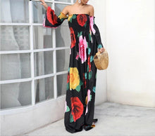 Load image into Gallery viewer, Black Rose Floral Strapless Off Shoulder Sleeve Big Hem Long Dress