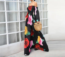 Load image into Gallery viewer, Black Rose Floral Strapless Off Shoulder Sleeve Big Hem Long Dress