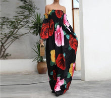 Load image into Gallery viewer, Black Rose Floral Strapless Off Shoulder Sleeve Big Hem Long Dress