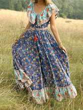 Load image into Gallery viewer, Blue Off-the-shoulder Bohemia Maxi Chiffon Floral Print Dress Beach Style Vacation Dress