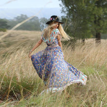 Load image into Gallery viewer, Blue Off-the-shoulder Bohemia Maxi Chiffon Floral Print Dress Beach Style Vacation Dress