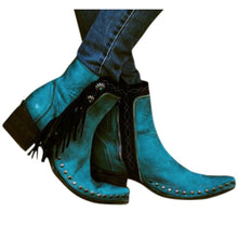 Load image into Gallery viewer, Ladies Boots Blue Middle Tassel Rhinestone Decorative Rivet Mid Heel Large Size Pure Autumn Winter Ankle Boots For Women