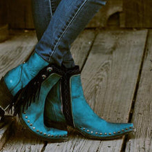 Load image into Gallery viewer, Ladies Boots Blue Middle Tassel Rhinestone Decorative Rivet Mid Heel Large Size Pure Autumn Winter Ankle Boots For Women