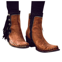 Load image into Gallery viewer, Ladies Boots Blue Middle Tassel Rhinestone Decorative Rivet Mid Heel Large Size Pure Autumn Winter Ankle Boots For Women