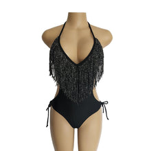 Load image into Gallery viewer, Deep V-neck Tassels Halterneck One-piece Swimwear