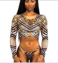 Load image into Gallery viewer, Sexy African Print Tribal Swimsuit Long Sleeve Swimwear Bathing Suit Women Swimming Suit Surfing Beachwear Thong Bikini Maillot