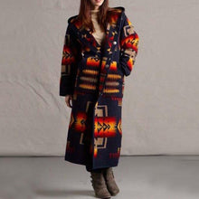 Load image into Gallery viewer, Women Elegant Geometric Print Hooded Coats Fashion Button Pocket Warm Long Cardigan Mujer Autumn Winter Vintage Overcoat Trench