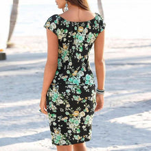Load image into Gallery viewer, Women Knee Length Elegant Dress Tied V Neck Short Sleeve Floral Print Shift Mini Dress