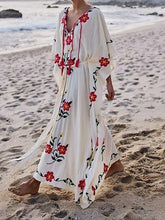 Load image into Gallery viewer, Boho Floral Embroidered V-neck Tassel Batwing Long Sleeve Maxi Kaftans Dress
