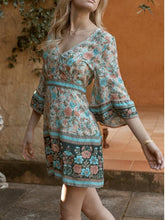 Load image into Gallery viewer, Boho Floral Print V-Neck Summer Flare Sleeve Hippie Beach Mini Dress