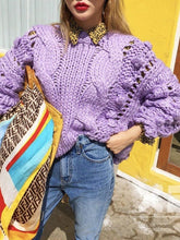 Load image into Gallery viewer, Women's Sweaters Hollow Out Loose Knitted Lantern Sleeve O-Neck Solid Female Autumn Warm Ladies Pullovers