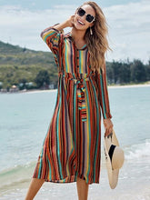 Load image into Gallery viewer, New Shirt Collar Color Strip Button Belt Beach Cover up