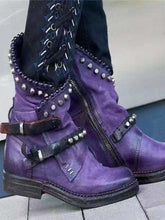 Load image into Gallery viewer, Autumn Winter Woman Mid-Calf PU Leather Round Toe Shoes Low Heel Rivet Cool Motorcycle Boots