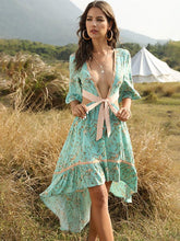 Load image into Gallery viewer, Bohemian Deep V Collar Tie with Back-to-back Retro Prints Irregular Hem Dress