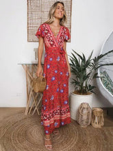 Load image into Gallery viewer, Boho Lace-up V-neck Printed Maxi Dresses