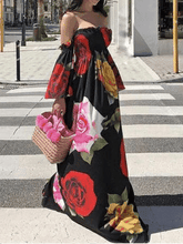 Load image into Gallery viewer, Black Rose Floral Strapless Off Shoulder Sleeve Big Hem Long Dress