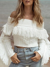 Load image into Gallery viewer, Tassel White Knitted Long Sleeve Sexy Pullover Short Sweater