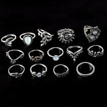 Load image into Gallery viewer, 14PCS Set Openwork Carved Rhinestone Water Drops Flowers Sunflower Moon Sun Rings
