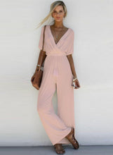 Load image into Gallery viewer, Women s Fashion V Neck Short Sleeve Solid Wide Leg Jumpsuit