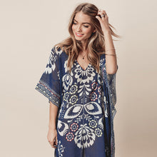 Load image into Gallery viewer, New Navy Positioning Flower Chiffon V-neck Loose Bikini Smock Beach Dress Swimsuit Cover-up
