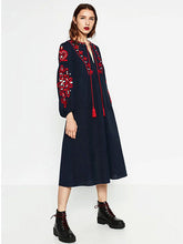 Load image into Gallery viewer, New ethnic style long sleeved mid length dress with embroidered lace up loose A-line lantern sleeve dress
