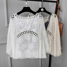 Load image into Gallery viewer, Spring/Summer Cotton Embroidered Lace Cardigan Short Bat Sleeves Loose Shawl 7/4 Sleeve Air Conditioning Sun Protection Cover Up
