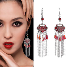 Load image into Gallery viewer, Creative Long Life Lock Retro Tassel Earrings Women&#39;s Full Diamond Long Style Temperament Earrings
