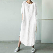 Load image into Gallery viewer, Round Neck Half Sleeve Solid Color Side Slit Mid Calf Cotton Linen Dress for Women
