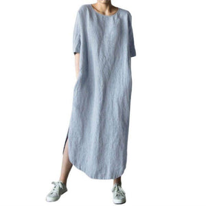 Round Neck Half Sleeve Solid Color Side Slit Mid Calf Cotton Linen Dress for Women