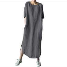 Load image into Gallery viewer, Round Neck Half Sleeve Solid Color Side Slit Mid Calf Cotton Linen Dress for Women
