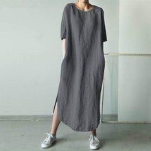 Load image into Gallery viewer, Round Neck Half Sleeve Solid Color Side Slit Mid Calf Cotton Linen Dress for Women
