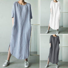 Load image into Gallery viewer, Round Neck Half Sleeve Solid Color Side Slit Mid Calf Cotton Linen Dress for Women
