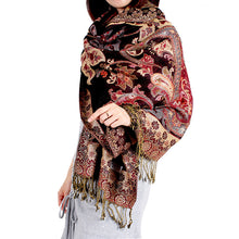 Load image into Gallery viewer, Ethnic Style Shawl Vintage Fringed Cheongsam Scarf Women&#39;s Purple Gold Flower Cashew Long Scarf
